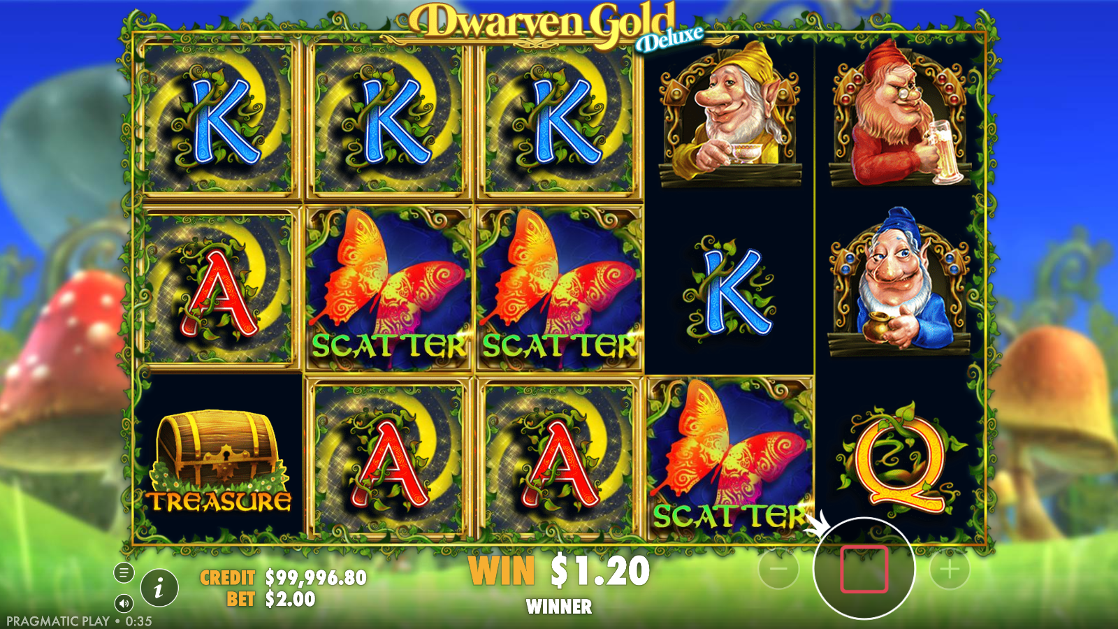 Three butterfly Scatter symbols landing on reels 2, 3 and 4 in Dwarven Gold Deluxe to trigger the free spins