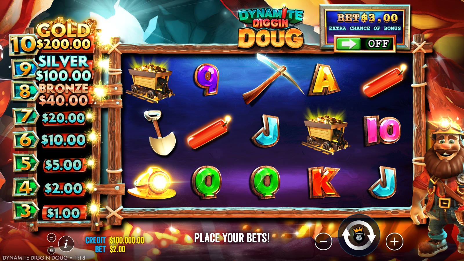 Dynamite Diggin Doug base game grid, 5x3 reels with 10 paylines and the Dynamite prize ladder on the left