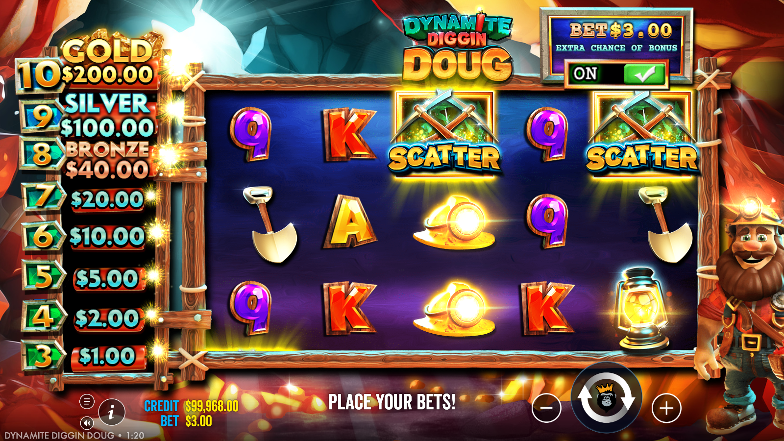 Two crossed-pickaxes Scatter symbols on reels 3 and 5 in Dynamite Diggin Doug
