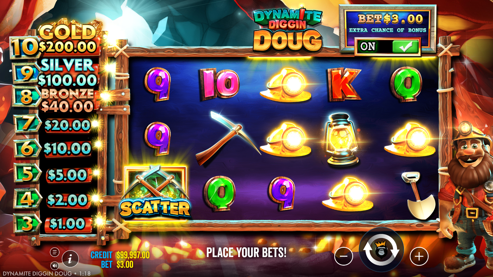 Dynamite Diggin Doug Ante Bet toggle set to ON, raising the bet for an extra chance of bonus
