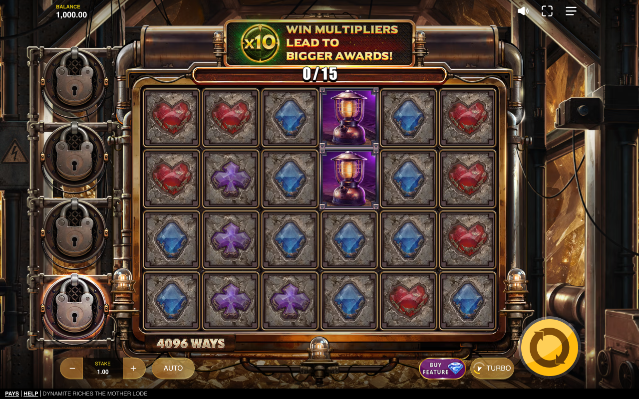 Dynamite Riches Mother Lode 6x4 grid with 4096 ways and dynamite-wild progress meter