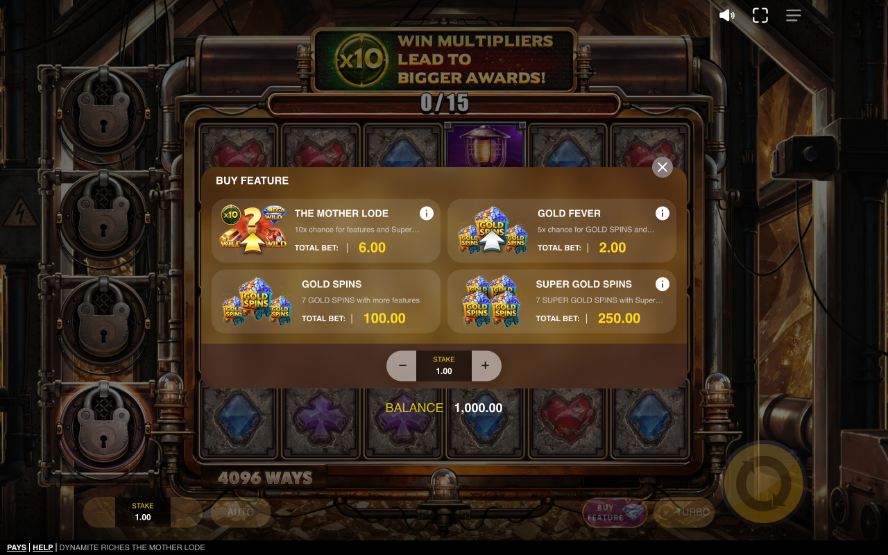Dynamite Riches Mother Lode Buy Feature menu with four bonus buy tiers from 2x to 250x stake