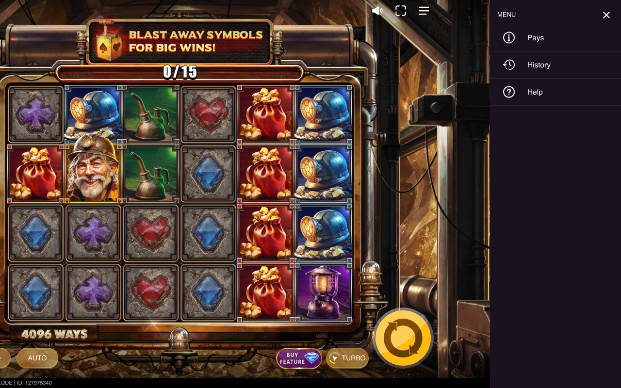 Dynamite Riches Mother Lode mid-spin with dynamite wild stacked on reel 1 and miner premium symbols