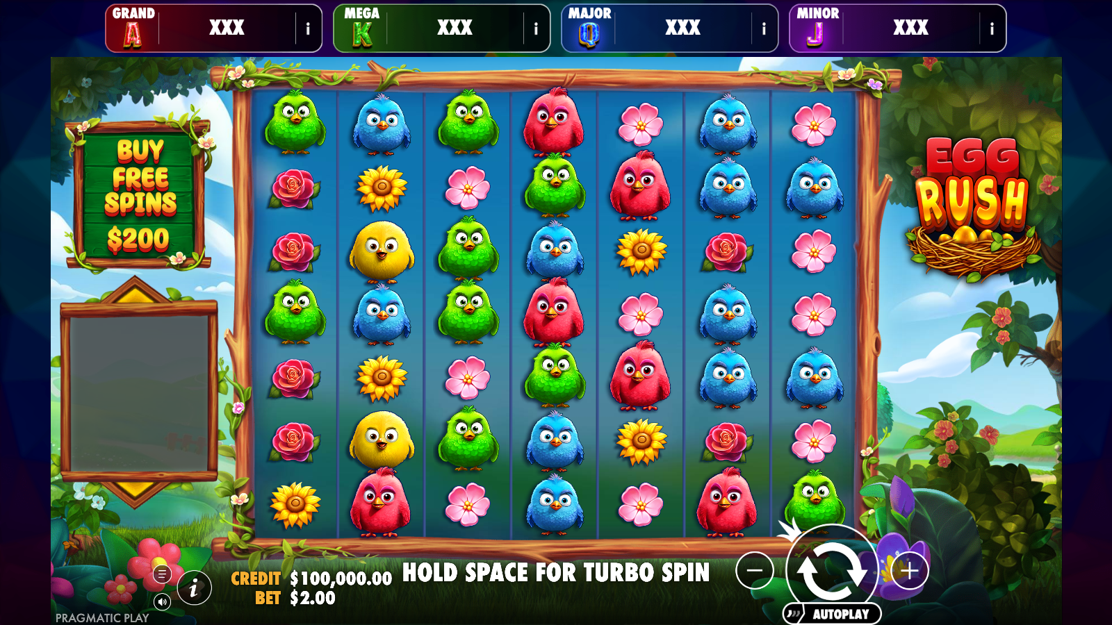 Egg Rush Jackpot Play base game with the 7x7 bird grid and the four jackpot meters above it