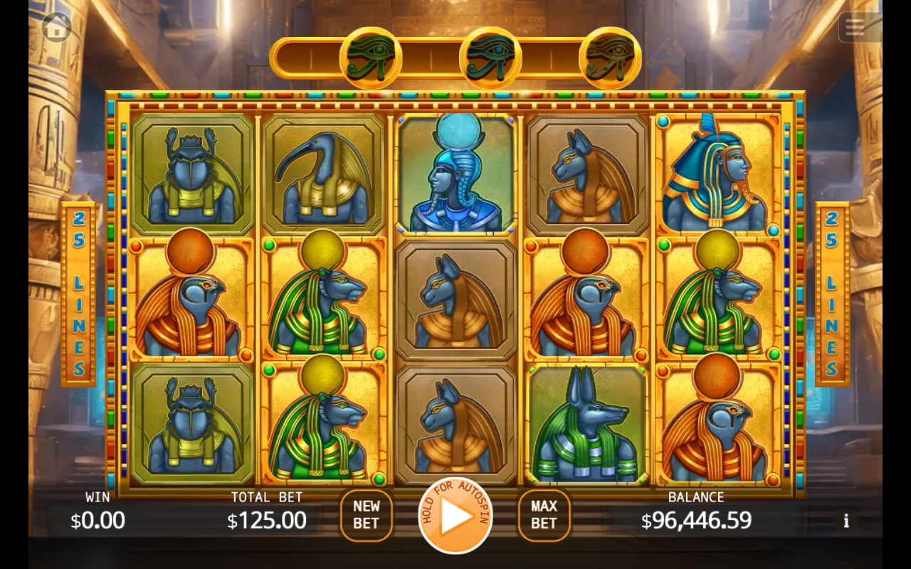 Egyptian Deity base game showing the 5 by 3 grid filled with the Egyptian deity symbols Isis, Horus, Anubis and Ra over a temple backdrop, with the 25-line rail