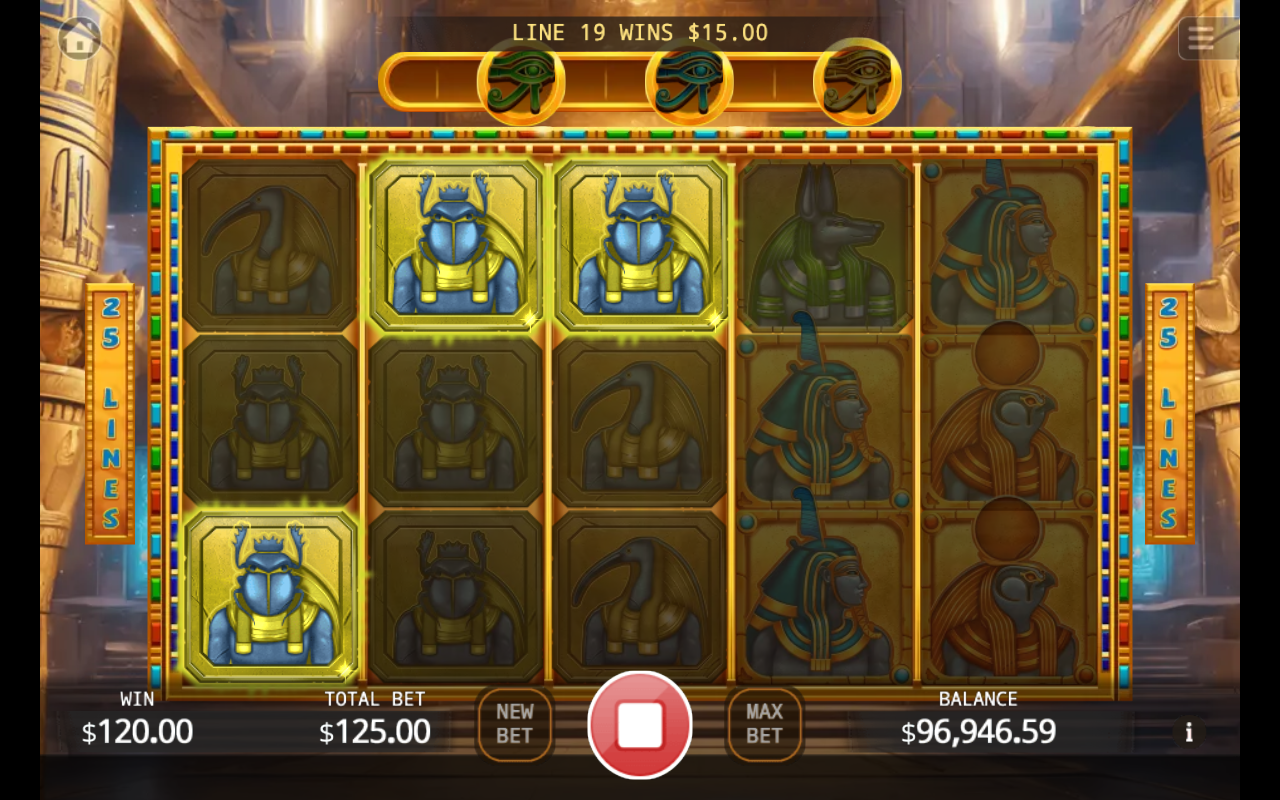 Egyptian Deity winning payline lit up across the deity symbols on the 5 by 3 grid, with the win highlighted on the reels