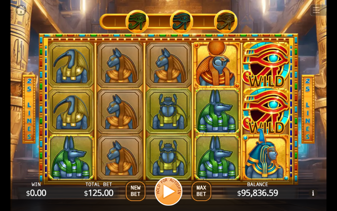 Egyptian Deity reels showing a full stacked column of Eye-of-Horus Wild symbols, the symbol that drives the respin-on-win chain