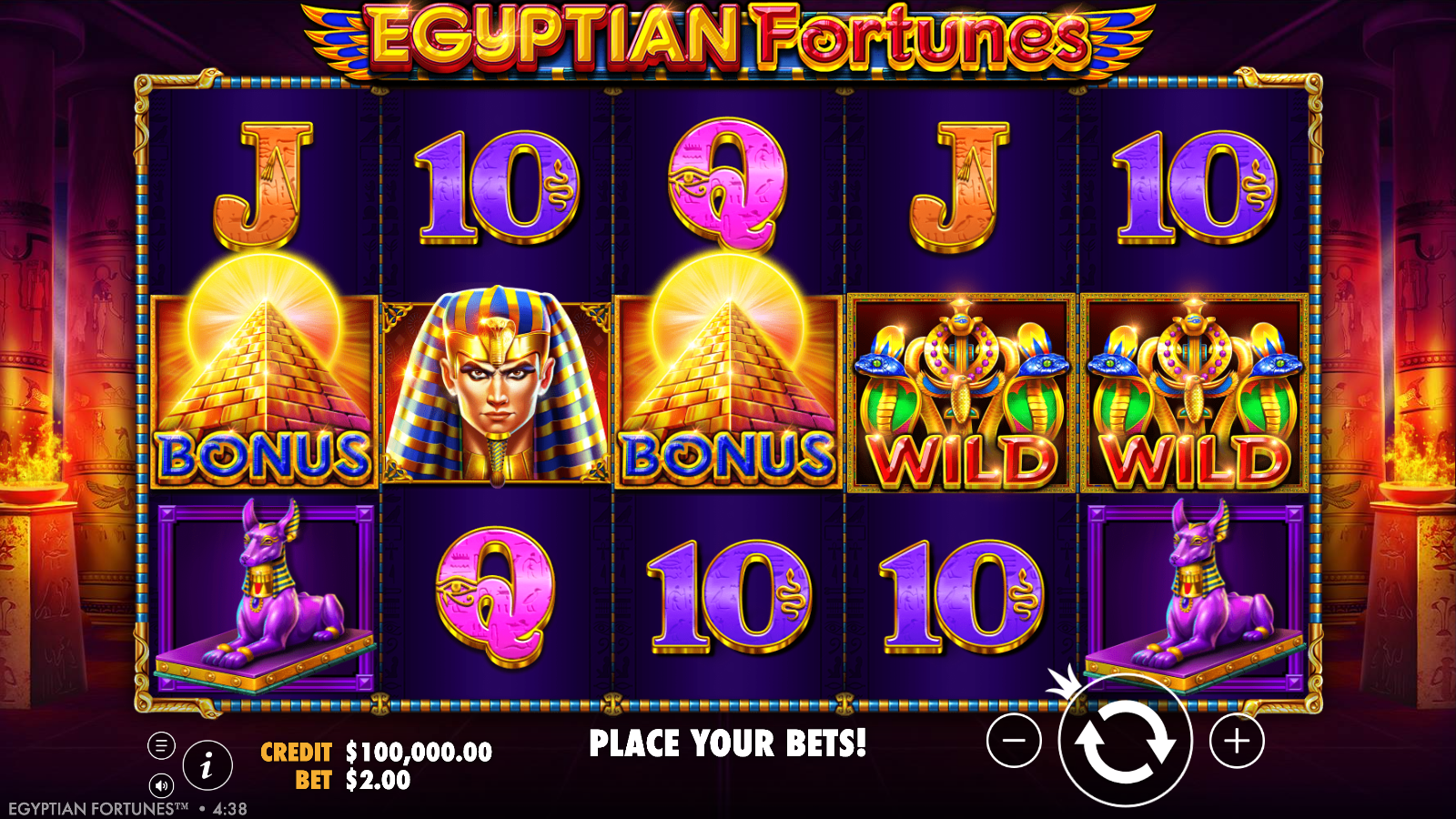Egyptian Fortunes base game showing the 5x3 grid with wild and Bonus Pyramid symbols
