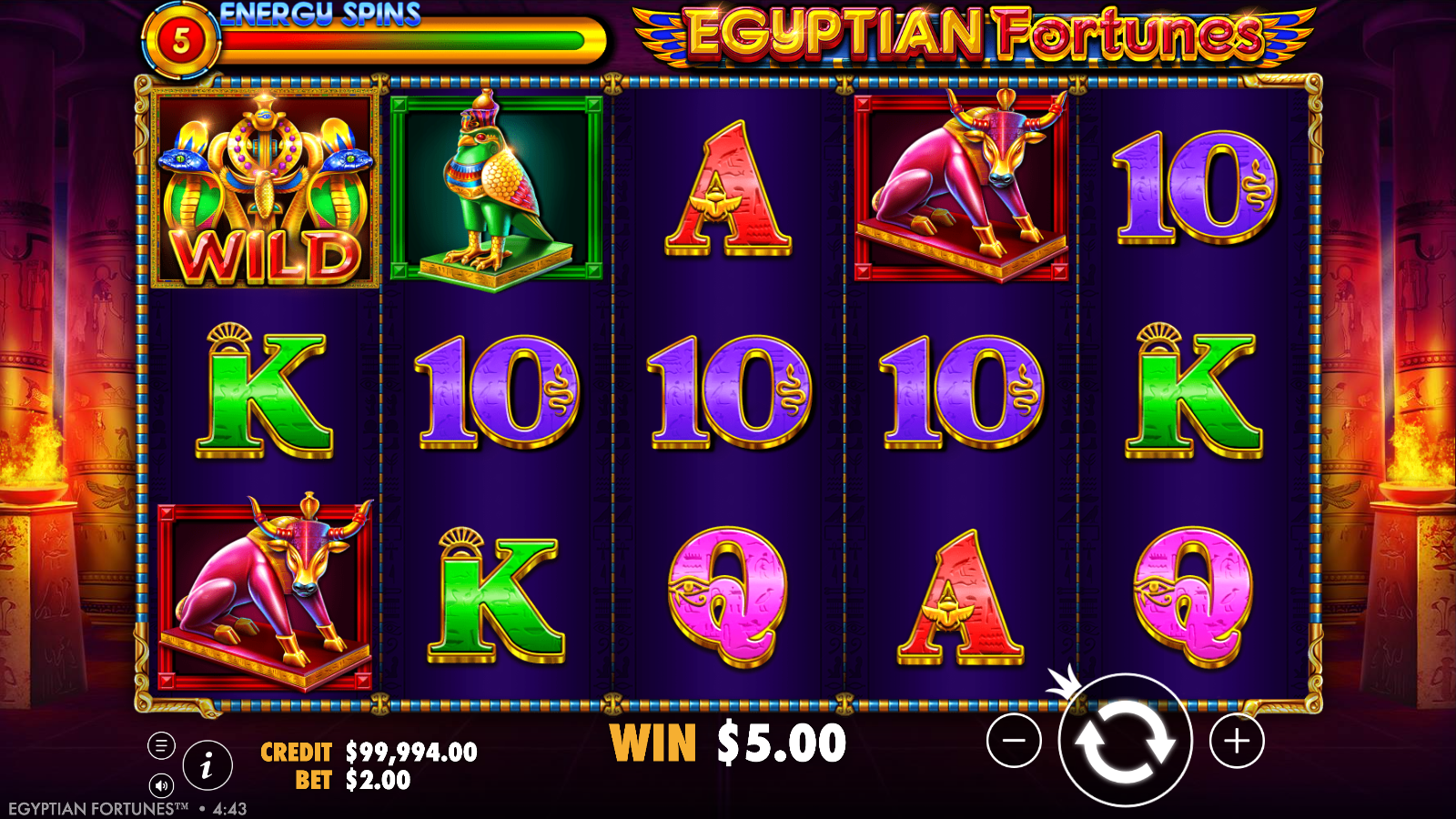 Egyptian Fortunes Energy Spins respin with five spins on the meter and a five dollar win