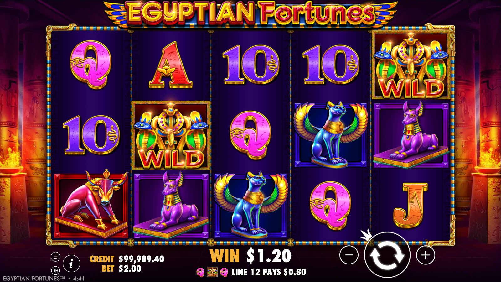 Egyptian Fortunes payline win with two wilds and the line 12 payout readout