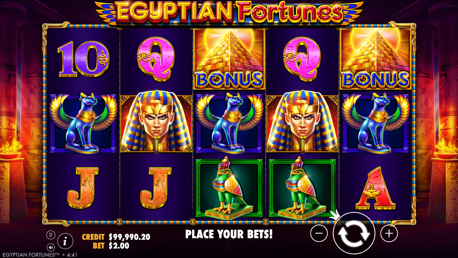 Egyptian Fortunes base game with two golden Bonus Pyramid symbols on the reels