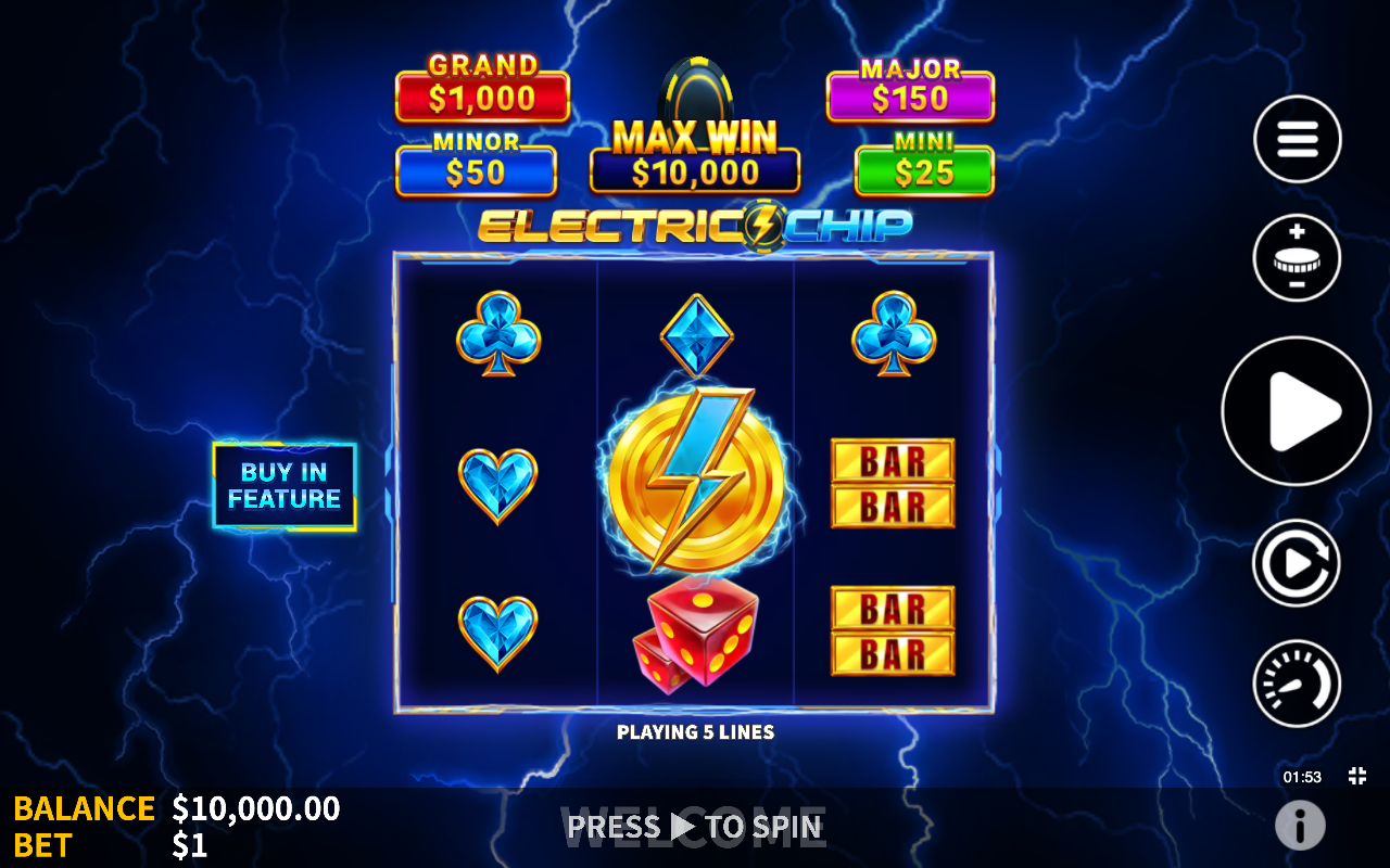 Electric Chip base game 3 by 3 grid on the neon retro-casino frame, showing the card-suit low symbols and Triple-7s high symbols across the five fixed lines