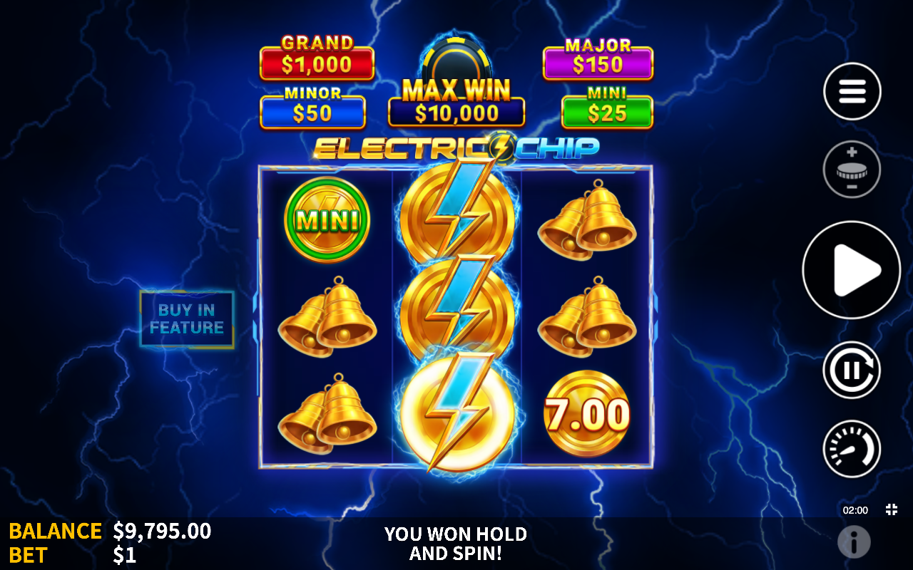 Electric Chip Hold and Spin feature mid-respin with lightning-bolt Electric Coins and jackpot coin values locked across the grid under the YOU WON HOLD AND SPIN banner