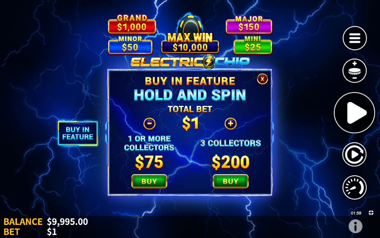 Electric Chip Buy In Feature menu showing the two-tier Hold and Spin purchase, one-or-more collectors at 75 times the bet or three collectors at 200 times the bet, beneath the four-tier jackpot ladder