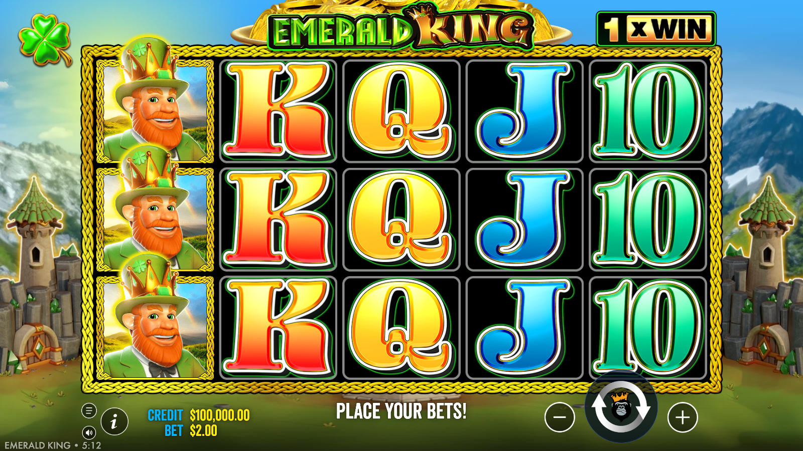 Emerald King base game grid, 5x3 reels with 20 fixed lines, win multiplier meter at 1x