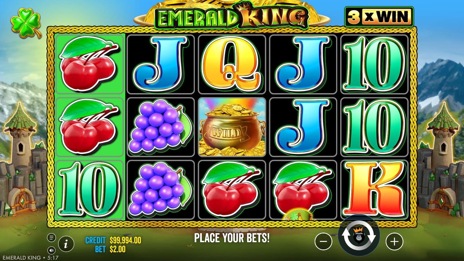 Emerald King progressive win multiplier meter at 3x WIN with a Pot of Gold Wild on the grid