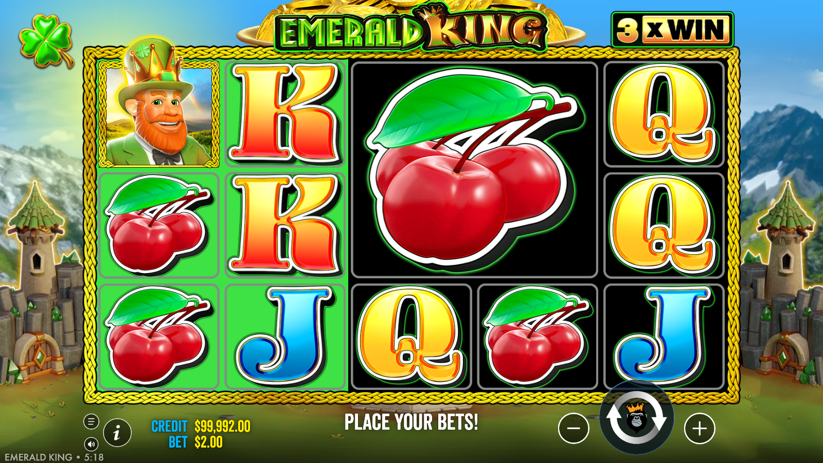 Emerald King colossal 2x2 cherry symbol block on the middle reels with the meter at 3x WIN
