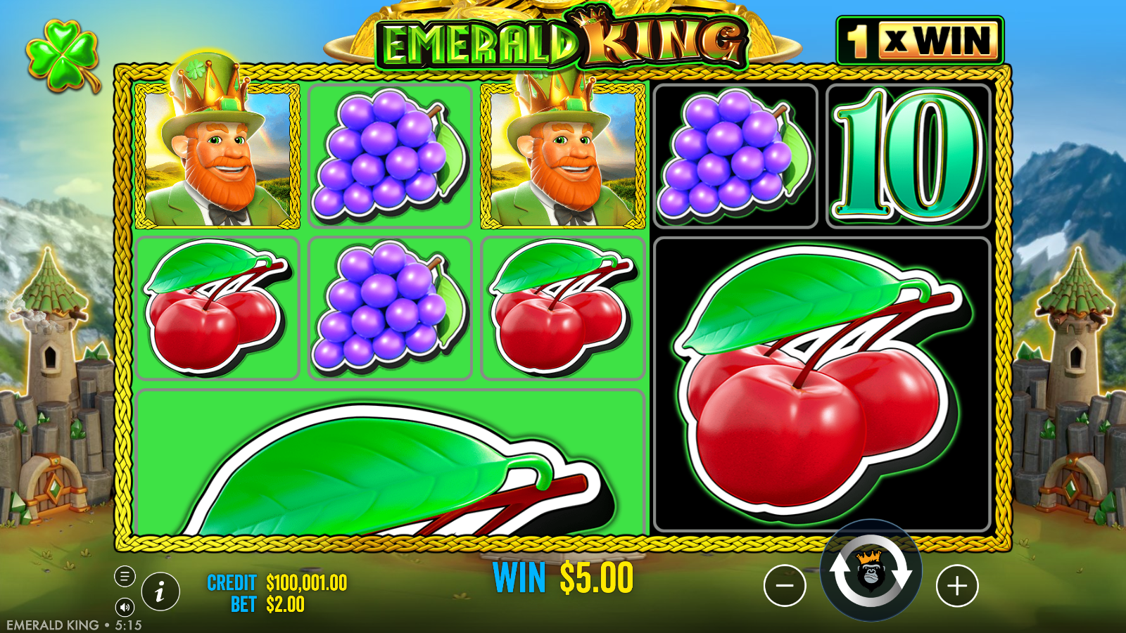 Emerald King A$5.00 line win with three green reels teasing the Mini Slot feature trigger