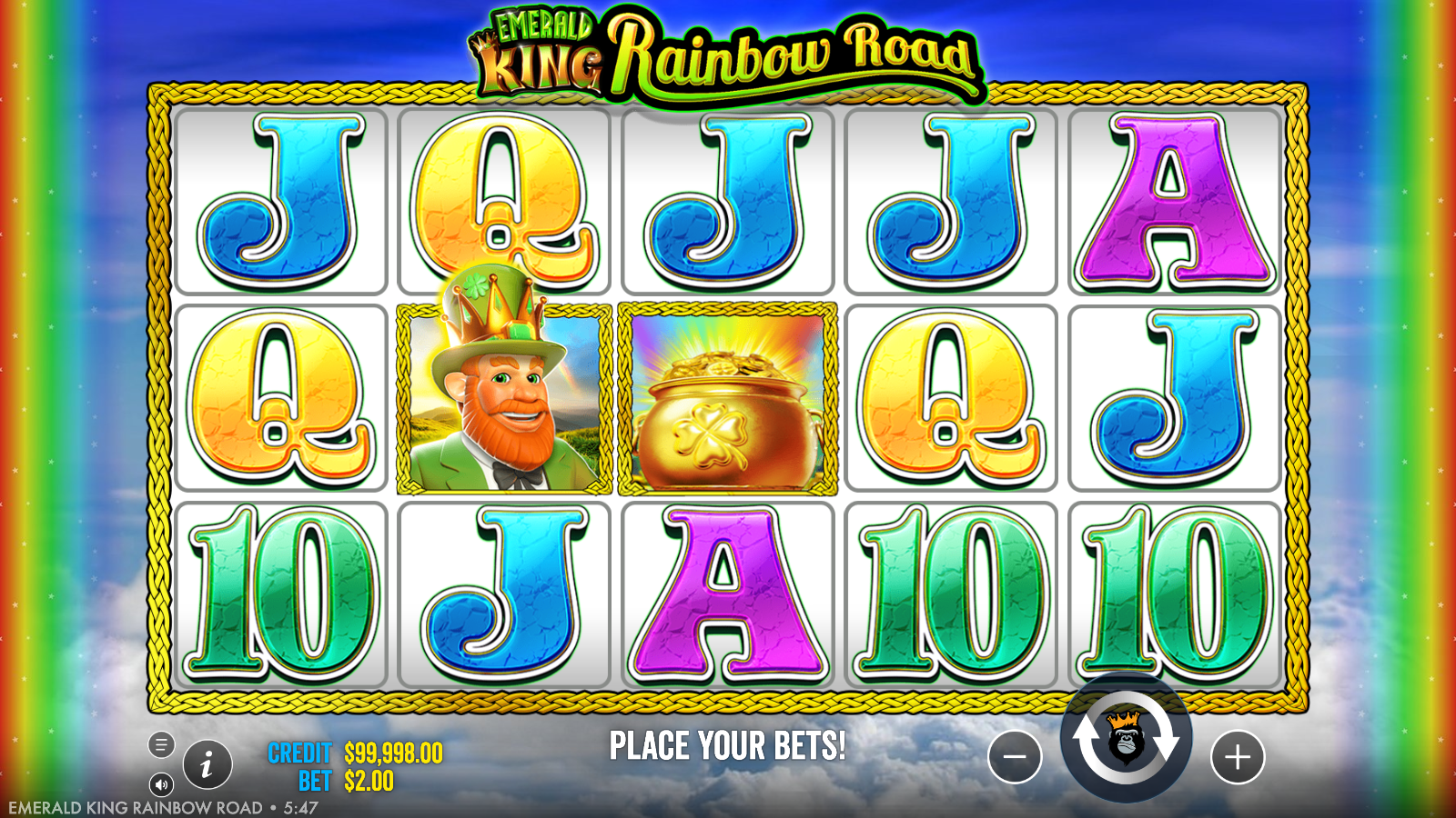 Emerald King Rainbow Road base game, 5x3 grid with 20 fixed lines, Leprechaun and Pot of Gold scatters on the middle row, A$2.00 bet