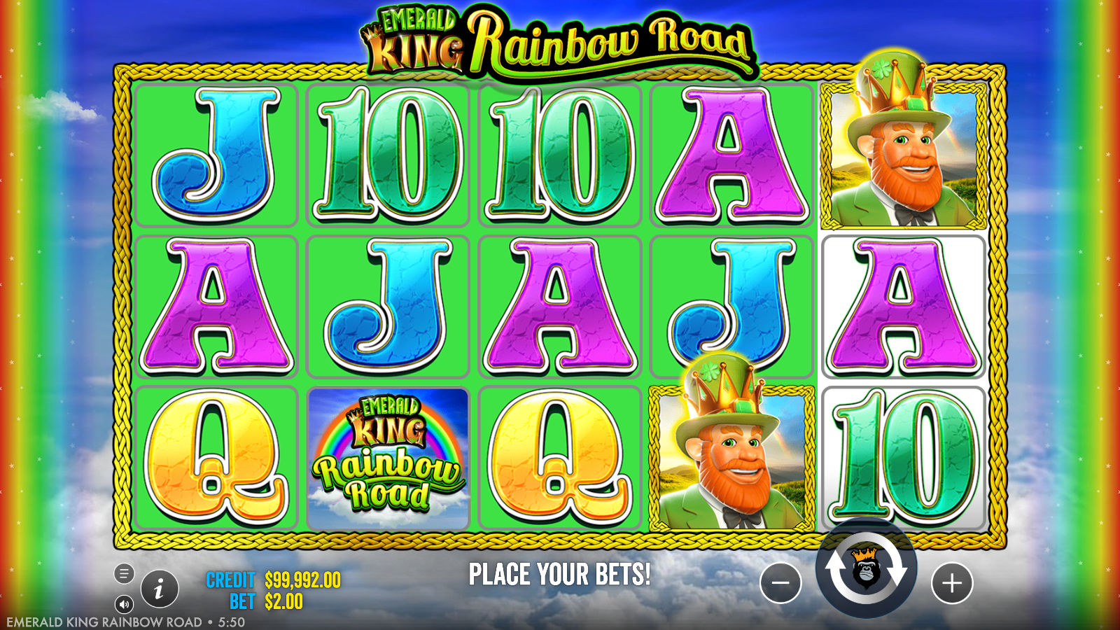 Emerald King Rainbow Road with four of five reels turned green, one short of the Mini Slots Bonus, two Leprechaun scatters on screen