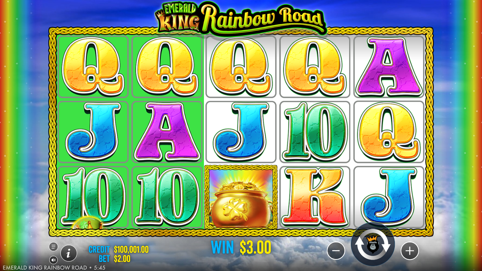 Emerald King Rainbow Road line win of A$3.00 with two green reels and both scatter symbols visible on an A$2.00 bet