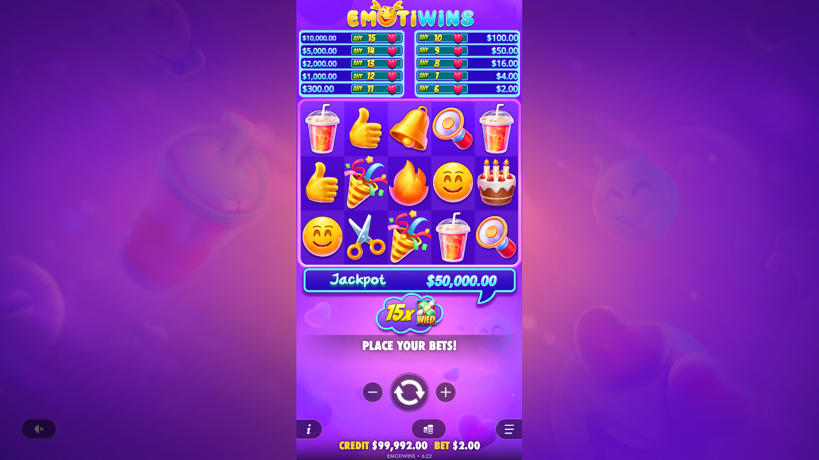 Emotiwins base game showing the 5x3 grid with 10 paylines, the Heart Bonus ticker above the reels and the jackpot banner below
