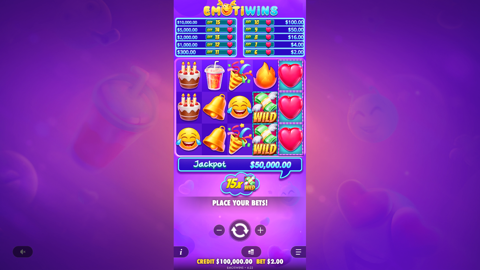 Emotiwins with three heart symbols stacked on reel five and two wild symbols on reel four, five of the six needed for the Heart Bonus