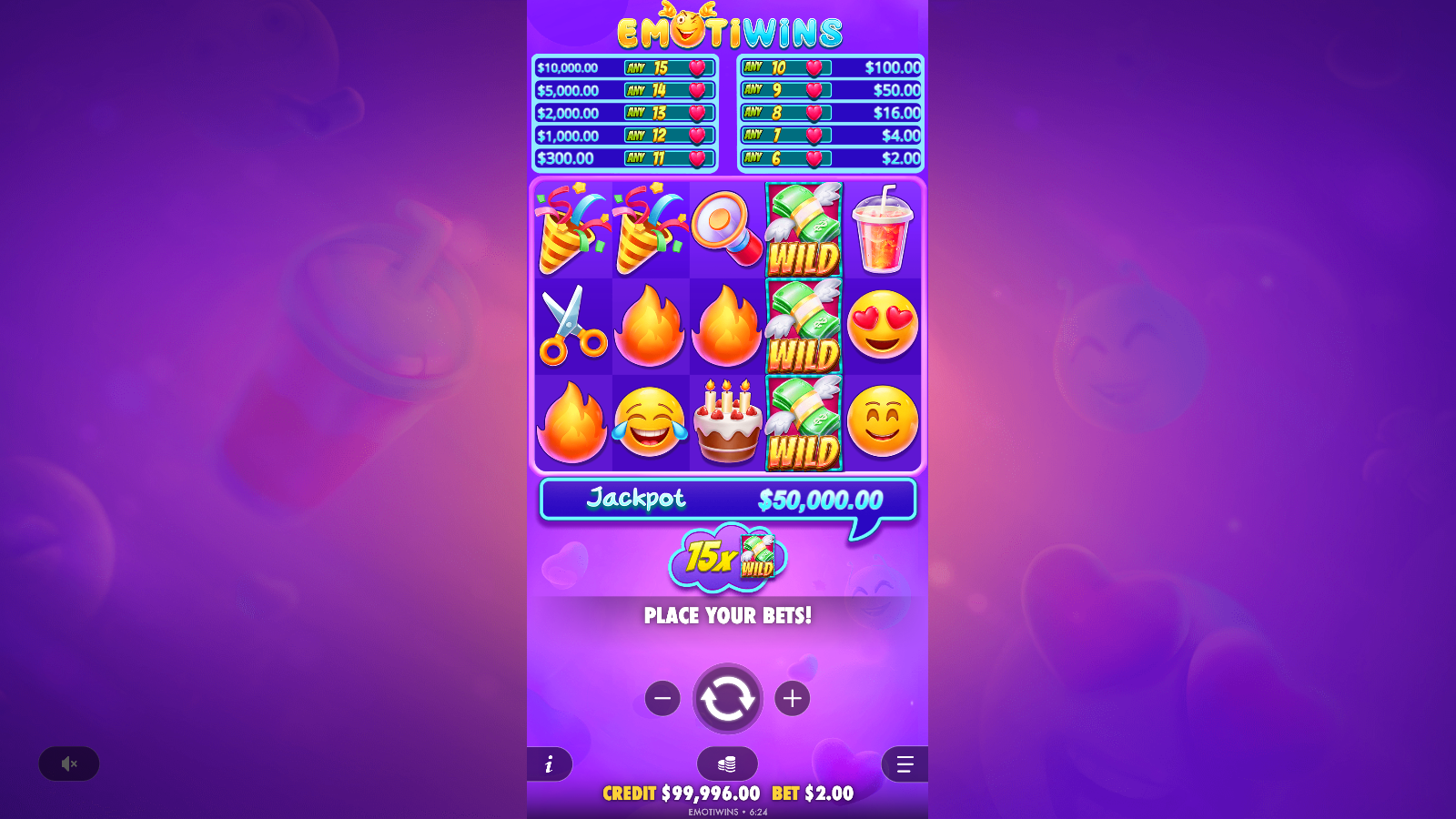 Emotiwins wild symbols stacked three high on reel four of the emoji grid