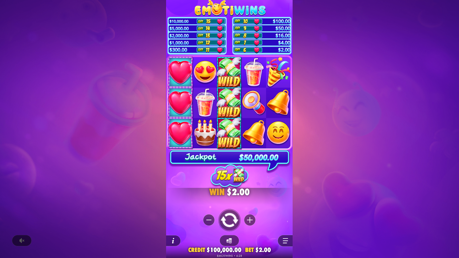 Emotiwins Heart Bonus paying out with three hearts on reel one and three wilds on reel three, six counting symbols