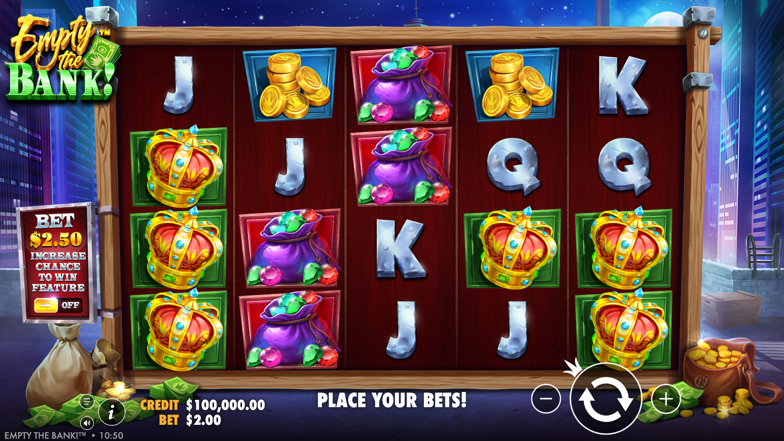 Empty the Bank base game, 5x4 grid with 20 lines, crowns, money bags and coin symbols, A$100,000 demo balance
