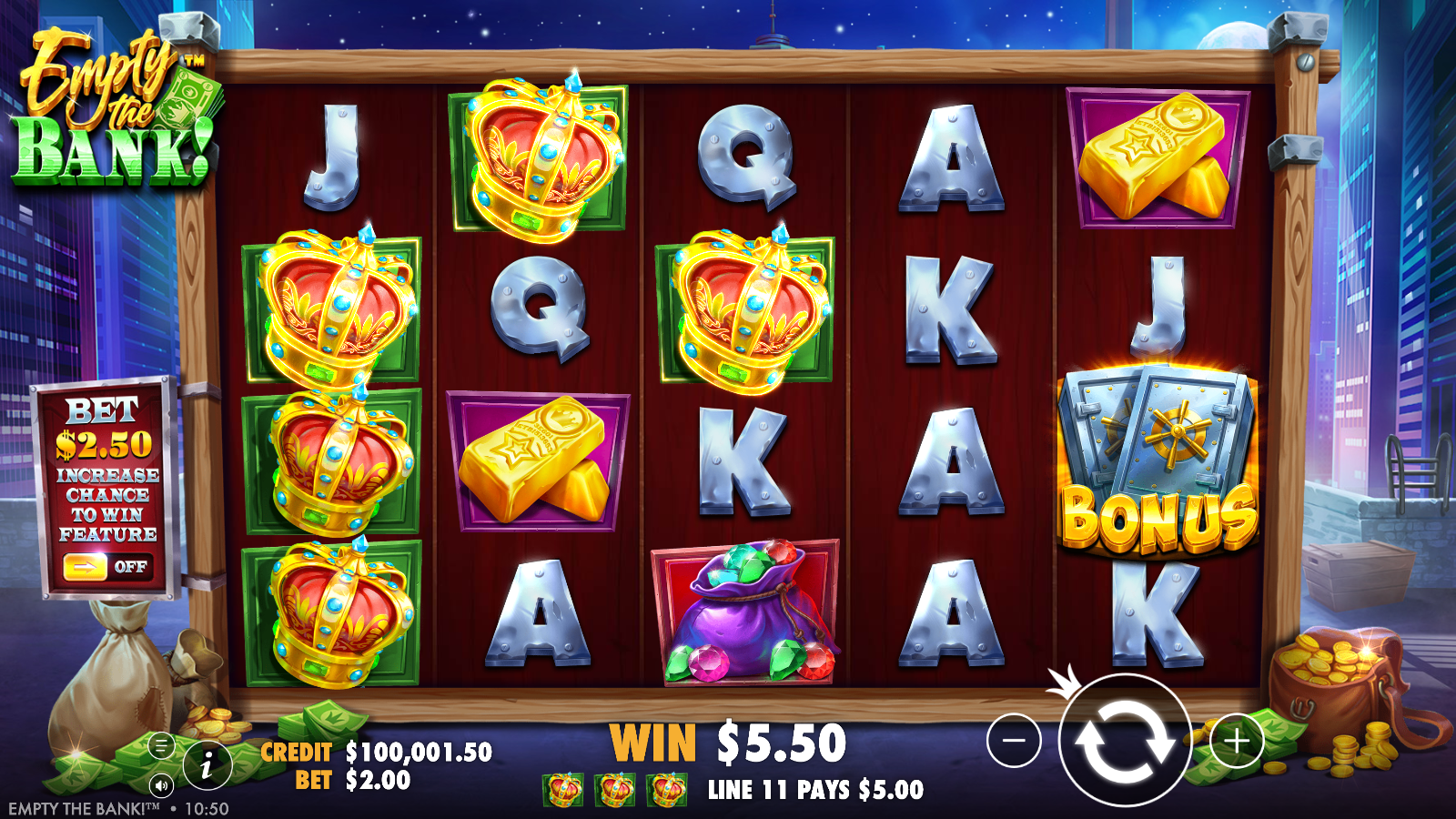 Empty the Bank line win, three crowns pay A$5.00 on line 11 with a vault Bonus symbol on reel 5