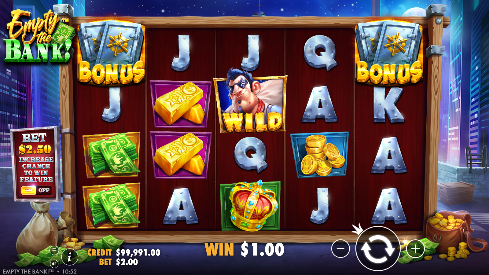 Empty the Bank with two vault Bonus symbols on reels 1 and 5, one short of the respin feature