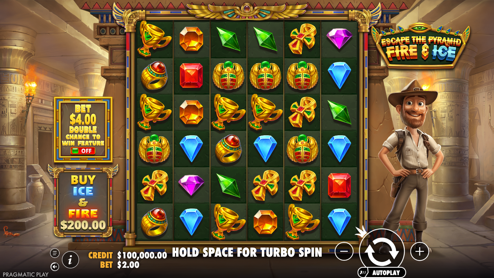 Escape the Pyramid Fire and Ice base game 6x6 grid in idle state with Ante Bet and Buy Ice and Fire panels