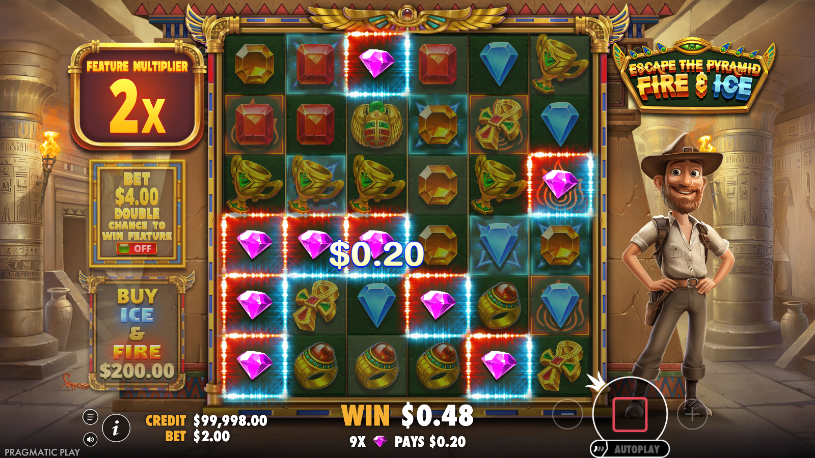 Escape the Pyramid Fire and Ice scatter-pay win with fire and ice marks glowing and the feature multiplier at 2x