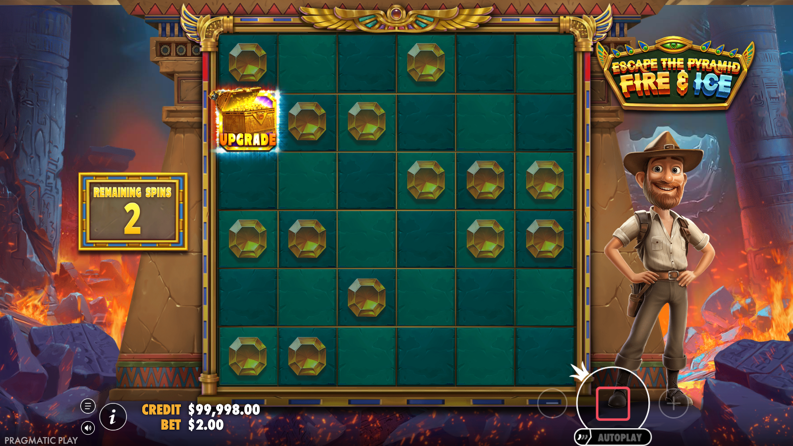 Escape the Pyramid Fire and Ice Ice feature respins with sticky symbols, an Upgrade chest and 2 remaining spins