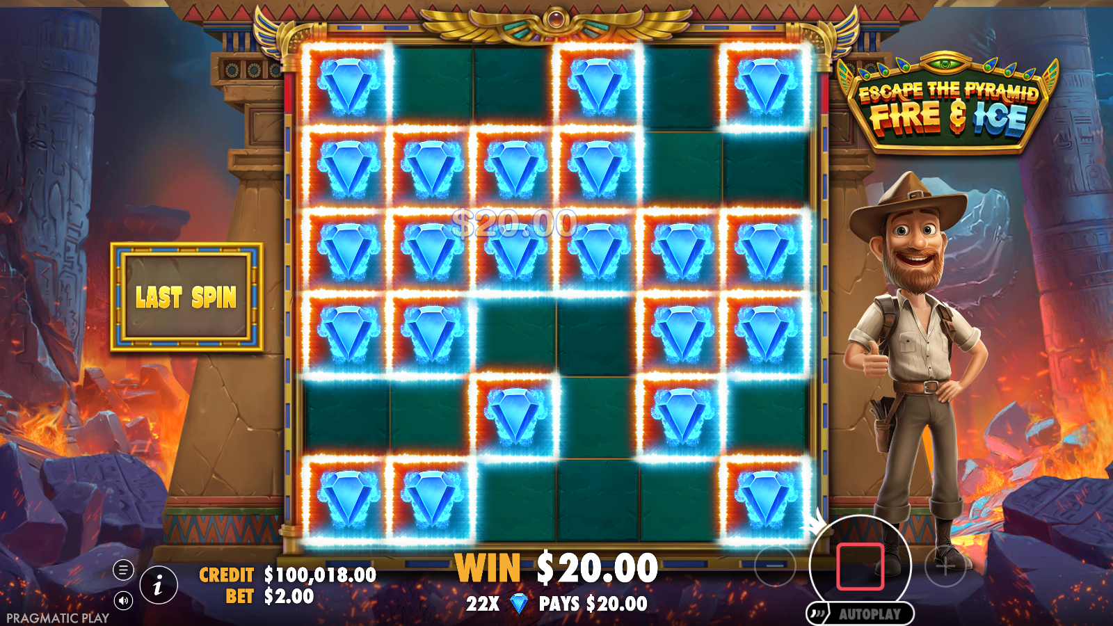 Escape the Pyramid Fire and Ice Ice feature payout with 22 sticky diamonds paying A$20.00 on the last spin