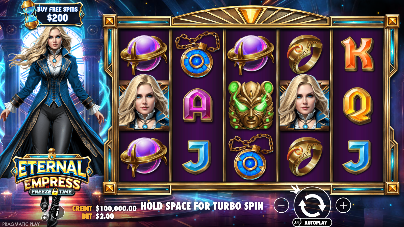 Eternal Empress Freeze Time base game on the 5x3 grid with 243 ways and an A$100,000 demo balance