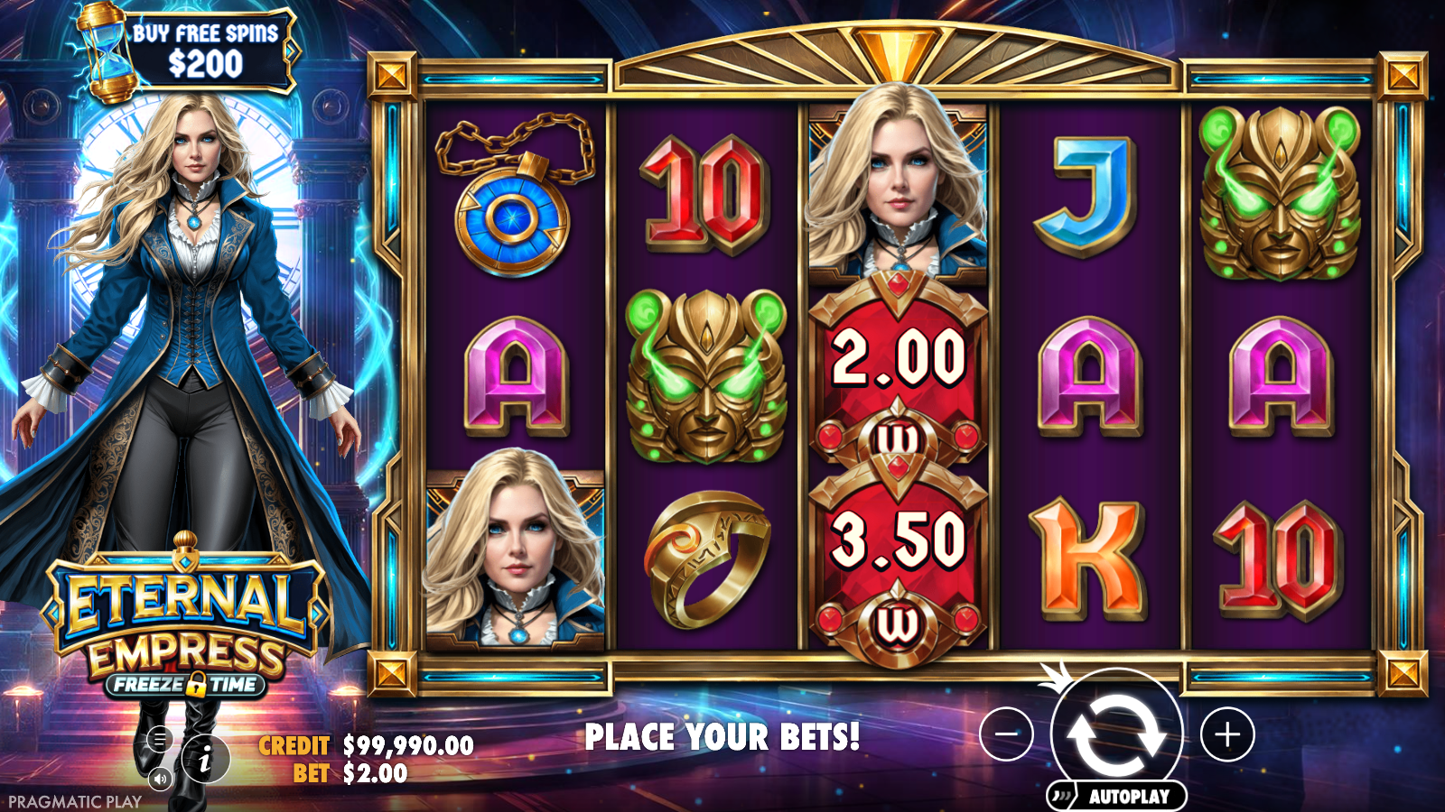 Two Money Collect wilds on reel 3 holding A$2.00 and A$3.50 values in Eternal Empress Freeze Time