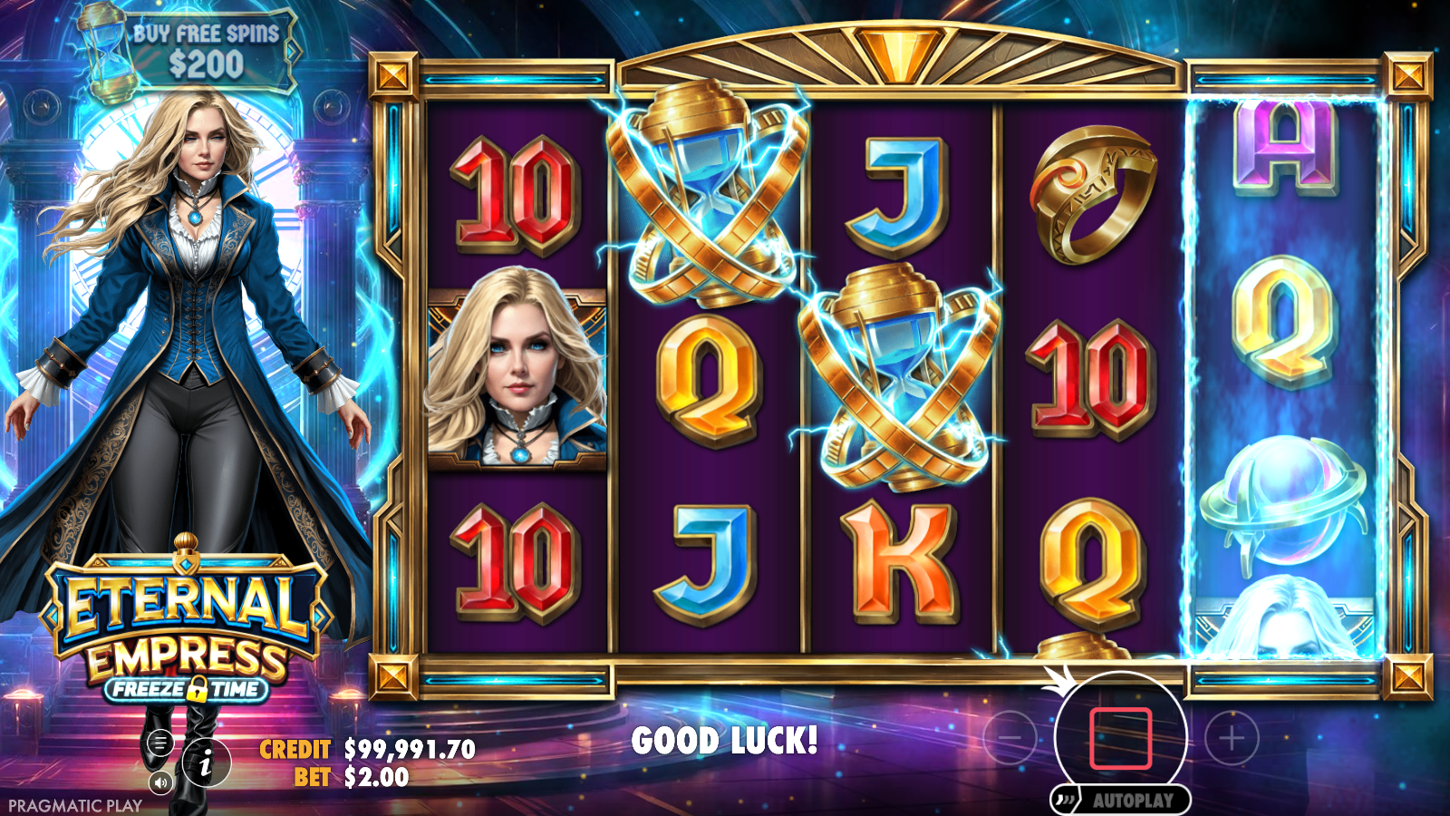 Two hourglass scatters locked on the reels while the fifth reel spins behind a frost effect