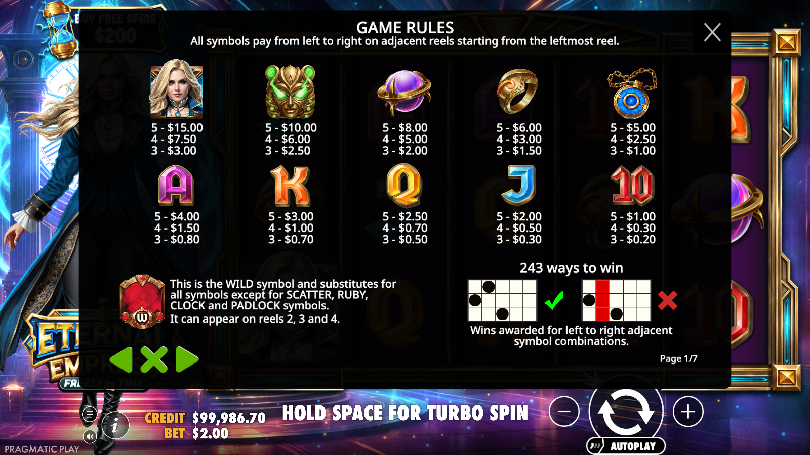 Eternal Empress Freeze Time paytable showing symbol payouts and the 243 ways diagram