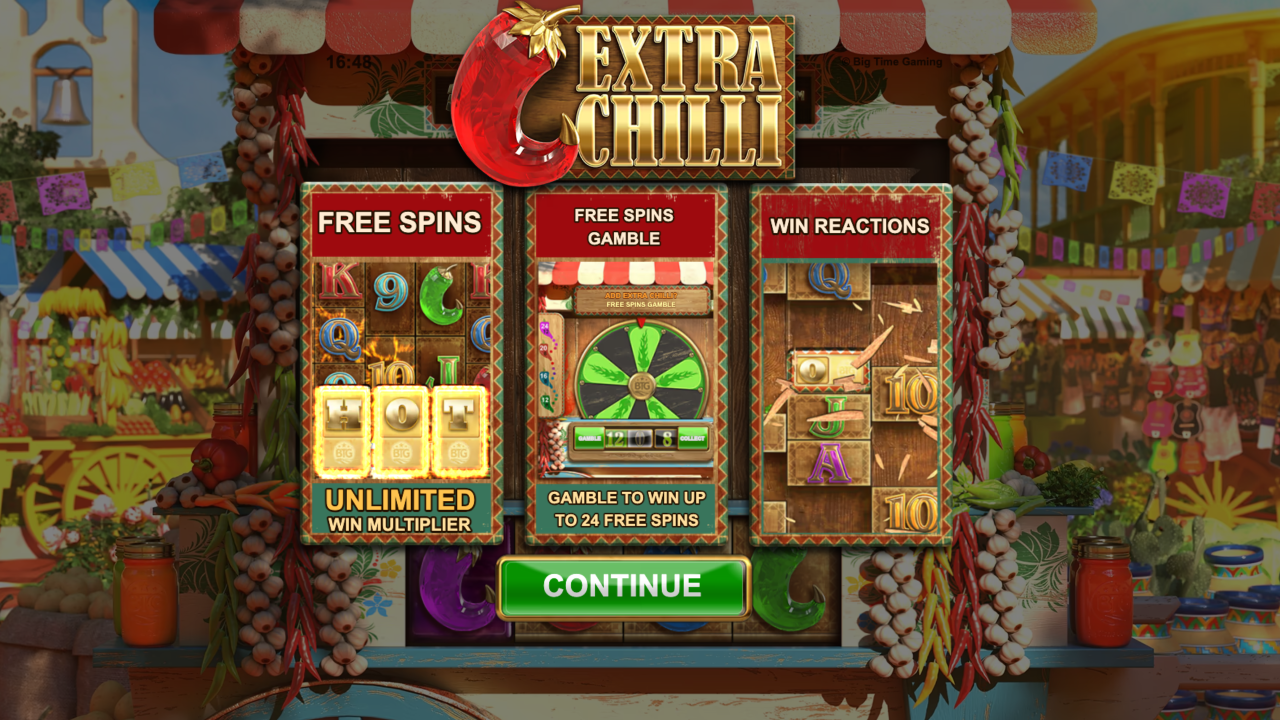 Extra Chilli splash screen with the Free Spins, Free Spins Gamble and Win Reactions feature panels visible before play