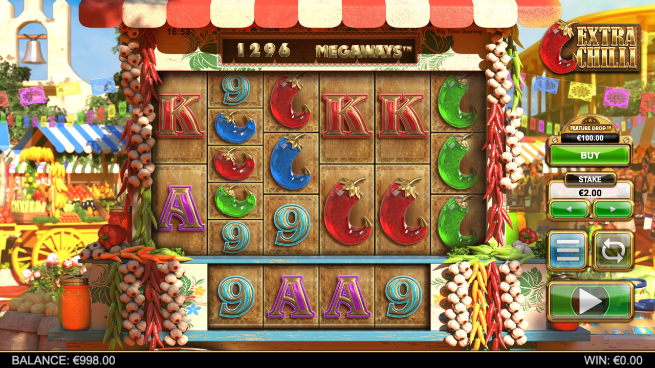 Extra Chilli base game grid showing 1296 Megaways active across six reels with low-value cards and pepper symbols