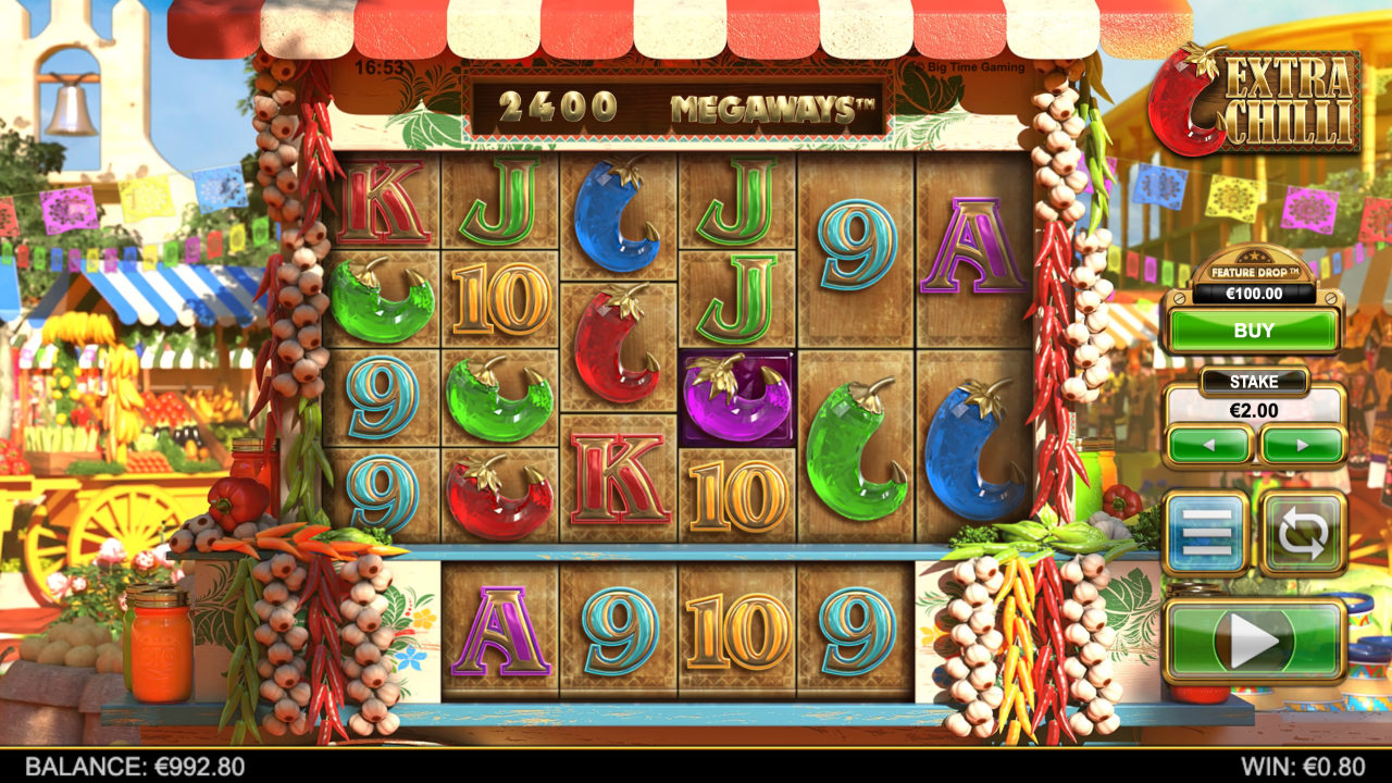 Extra Chilli reels with 2400 Megaways count and a small reaction win on the bottom row with pepper and card symbols