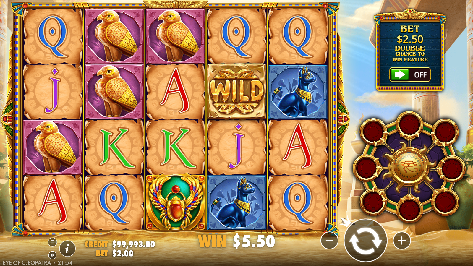 Eye of Cleopatra base game on the 5×4 grid with a gold WILD tile and the scarab scatter in play