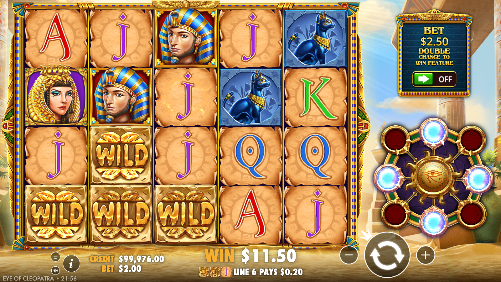 Random Wild Patterns firing with stacked gold WILD tiles across the lower reels and the pattern ring lit