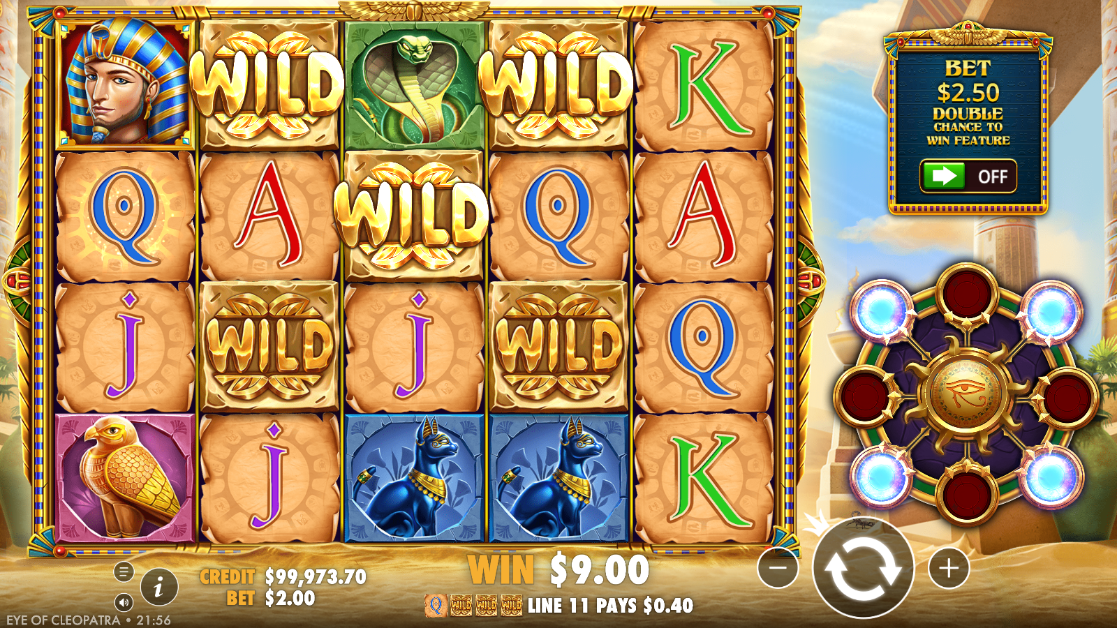 Vertical spread of WILD tiles lighting paying lines with the pattern ring active and a line-pay readout