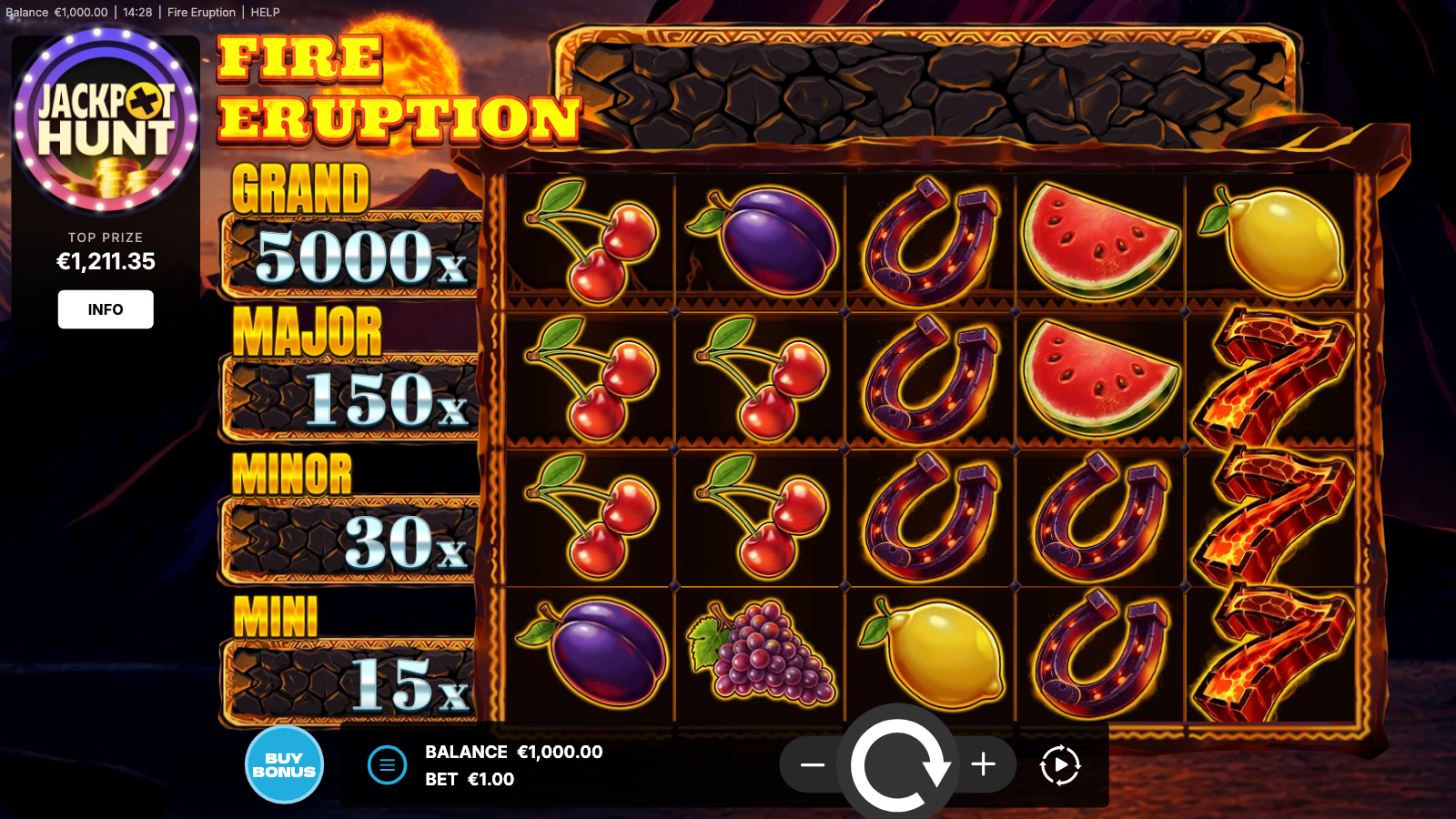 Fire Eruption base game grid with the four-tier jackpot ladder pinned to the left and a 5x4 fruit-and-BAR reel set centred