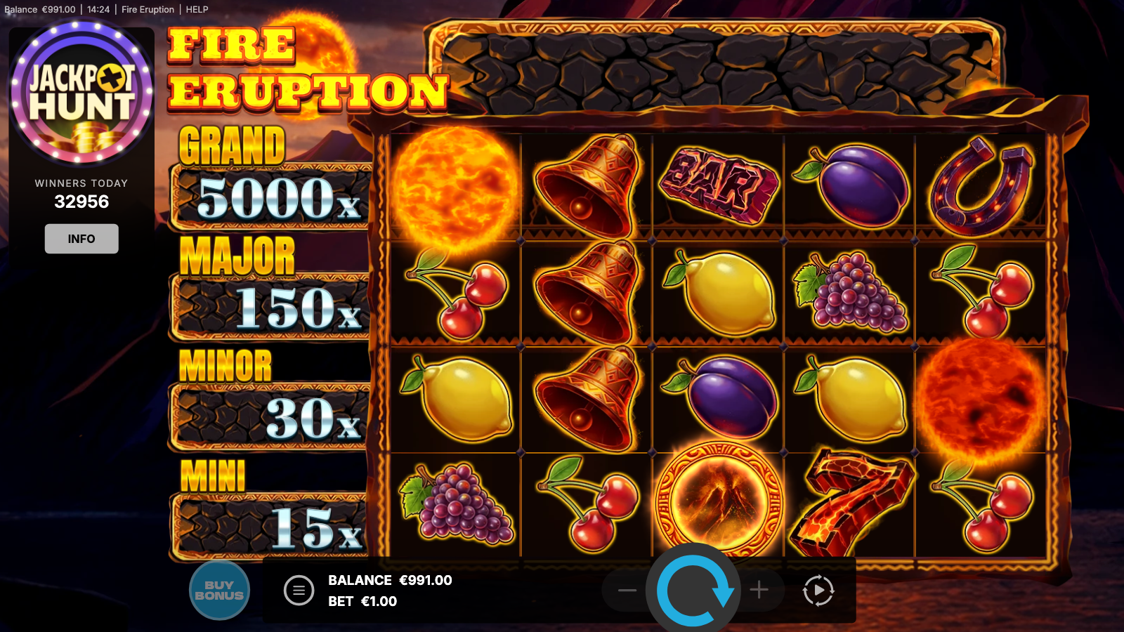 Three flaming sun orb scatters land across the reels showing the bonus-trigger condition