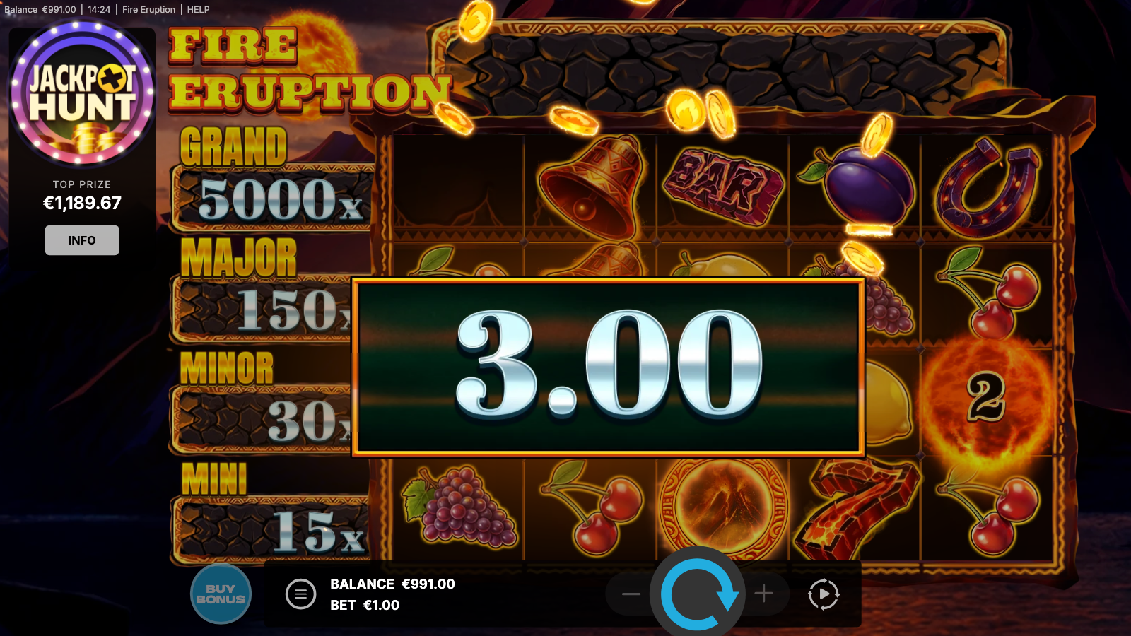 Fire orb on the right reel showing its embedded multiplier value during a bonus payout sequence