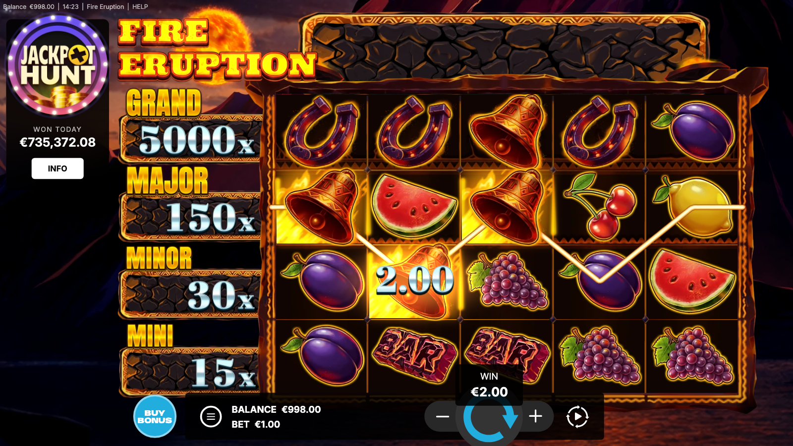 Base game payline win with watermelons and a bell highlighted along a single line across reels two, three and four